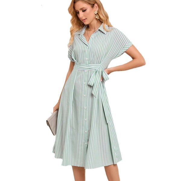 

summer style womens long v neck dress with belt shirt lapel striped midi, Black;gray
