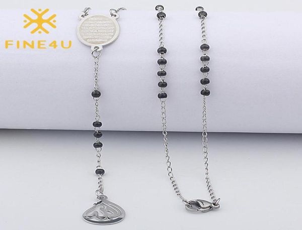 

pendant necklaces fine4u n415 stainless steel muslim arabic printed necklace black color beads rosary jewelry12145307, Silver