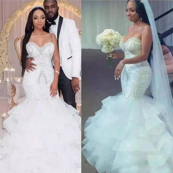 

african 2020 mermaid wedding dresses with beads sequins layered skirt plus size wedding dress count train zipper back long br240j, White
