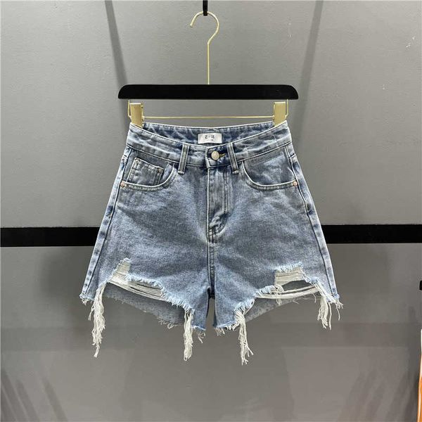 

2023 summer new versatile irregular broken edge high waist denim shorts women's slim a-line wide leg pants, Blue