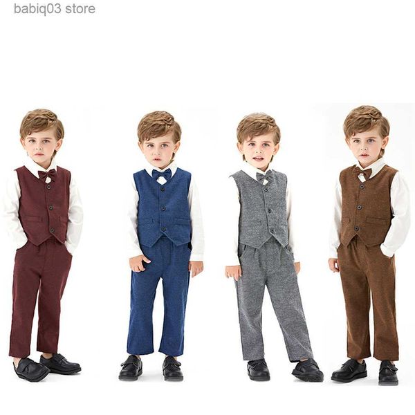 

clothing sets children's autumn long sleeved cotton shirt vest bow tie boys' pants performance dress three piece set t230720, White