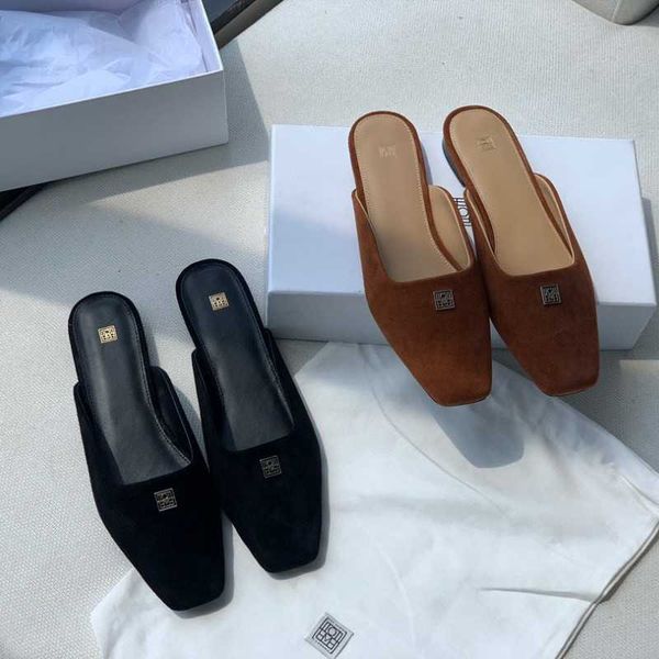 

toteme summer new half trailer flat bottom shoes shallow mouth suede sandals genuine leather wrapped slippers muller shoes