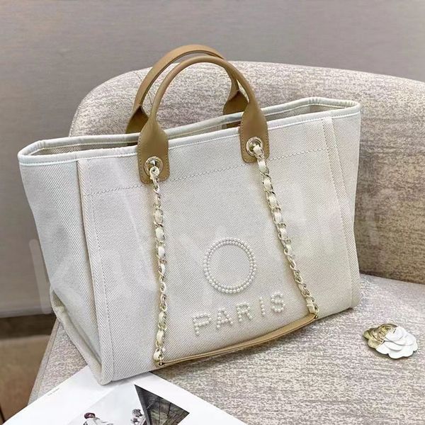 

designer tote beach bag large capacity chain shoulder pearl canvas classic luxury black fashion handbags women shopping bags knitting totes