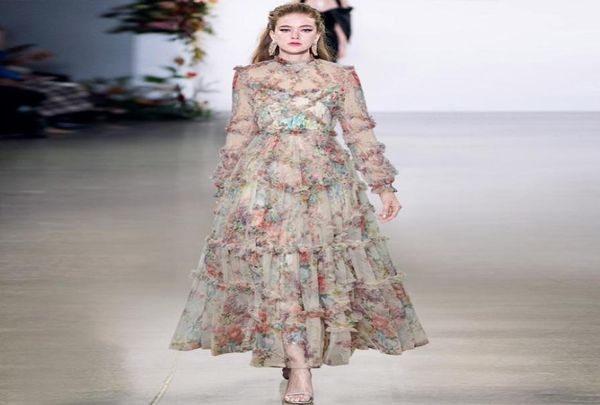 

standup collar puff sleeve ruffled heavy industry net yarn printed waistcontrolled puffy widehem long dress dress 2021 autumn8545724, Black