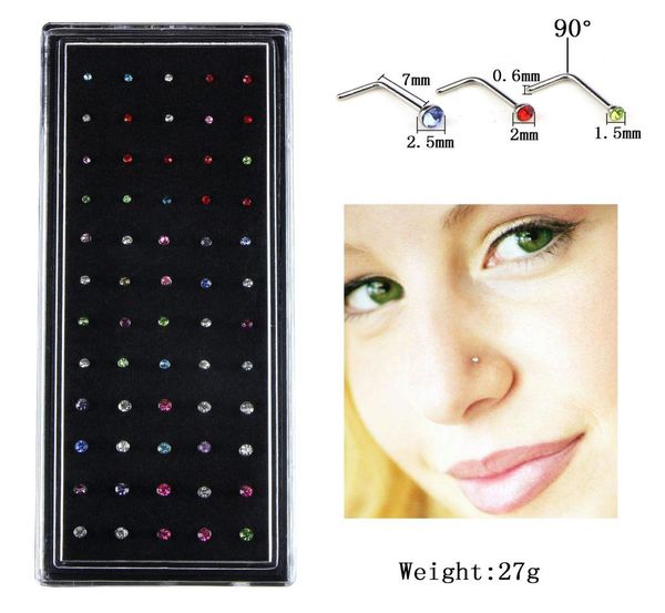 

60 pieces nose stud piercing l shape nose ring prong set 15225mm rhinestone nose jewelry6229333, Silver
