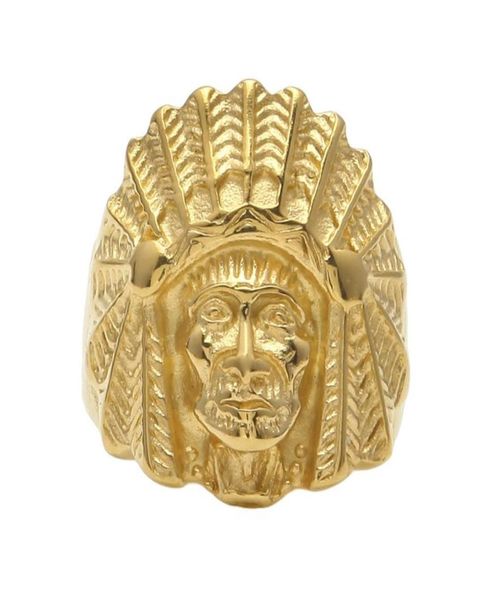 

men women vintage stainless steel ring hip hop punk style gold ancient maya tribal indian chief head rings fashion jewelry9860342, Golden;silver