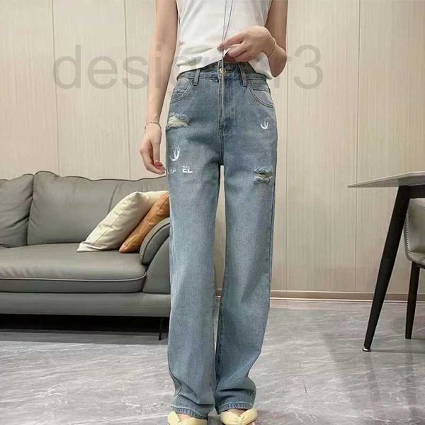 

women's jeans designer chic 23 new embroidery, broken holes, old straight leg wide jeans, trend 4bz0, Blue
