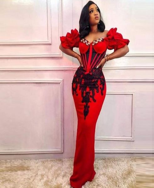 

red african mermaid prom dresses with short sleeves beads lace appliques aso ebi evening gowns plus size women robe de soiree1135445, Black