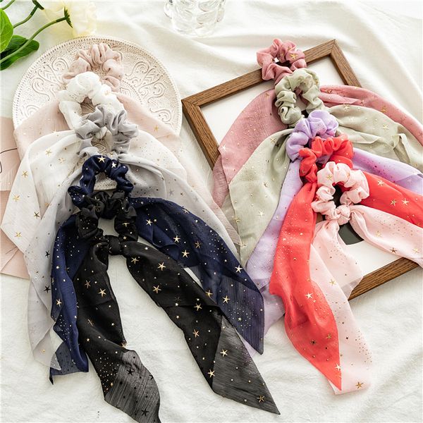 

fashion blogger designer jewelry new chiffon star horsetail ribbon large intestine ring fabric loop women's versatile elastic band fq72, Golden;silver