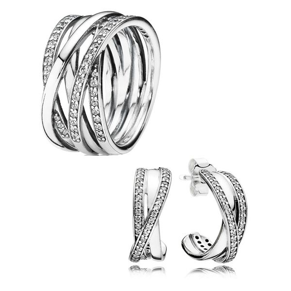 

sparkling polished lines ring hoop earrings set for pandora real 925 sterling silver designer jewelry set for women girls luxury earring rin