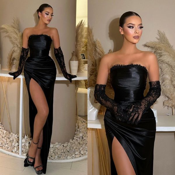 

elegant black prom dresses strapless evening gowns lace sleeves pleats split formal long special occasion party dress