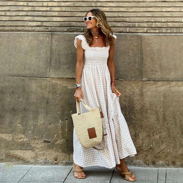 

womens summer sleeveless plain collar plaid straps dress, Black;gray