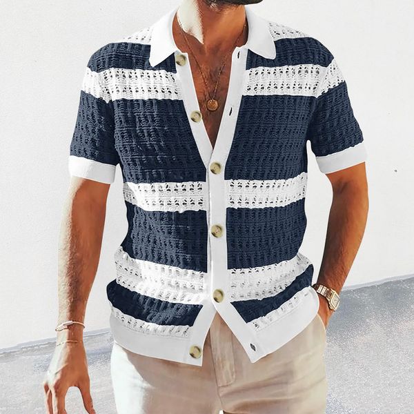 

mens casual shirts mens knitted shirt springsummer loose fitting short sleeved button lapel cardigan retro striped 230720, White;black