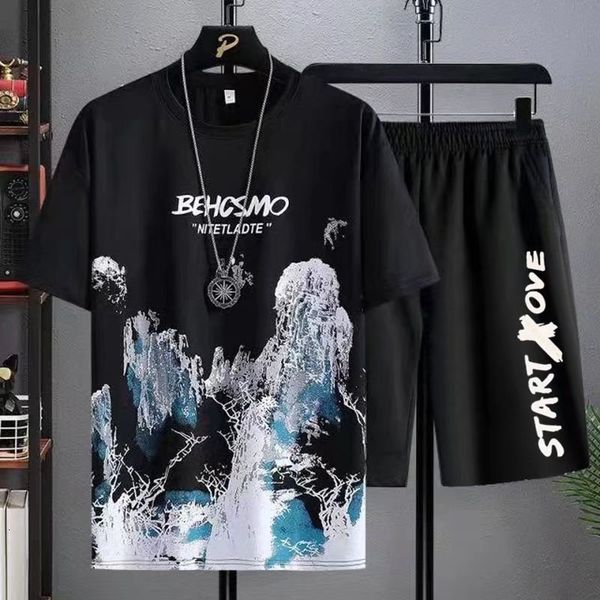 

men s tracksuits 2pcs set summer landscape painting t shirts suit short sleeve tee pants gradient color casual clothes 230720, Gray
