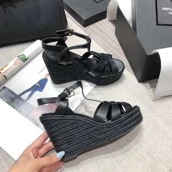 

newst brand cassandra wedge sandal lady wedges tribute leather wedge espadrille sandals high heels shoes luxury design, Black