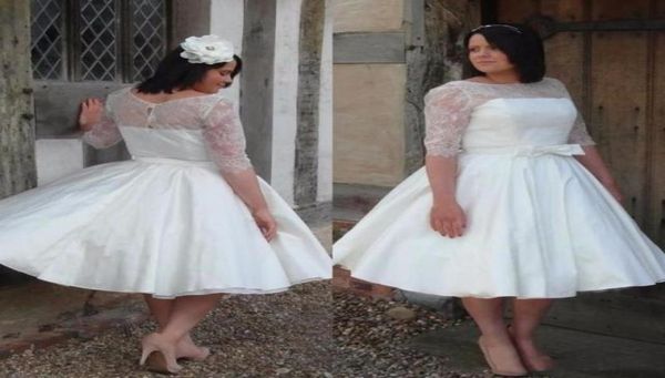 

2019 ivory lace satin half sleeves plus size vintage tea length wedding dresses boat neck 50s informal bridal dress wedding gowns 7899791, White