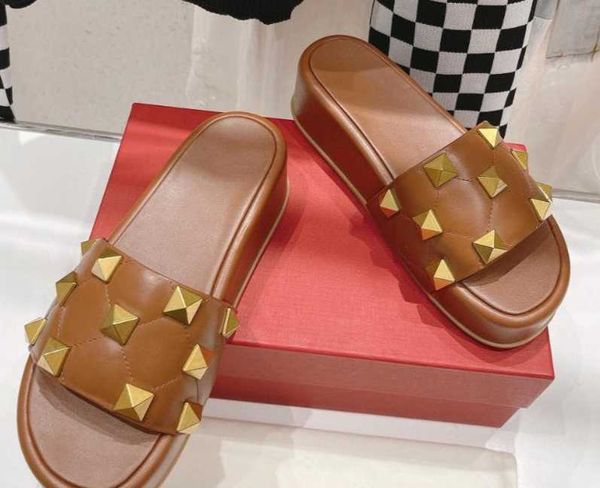 

slippers 2023 est handmade real leather thick sole woman slides open-toe height increasing zapatos de mujer, Black