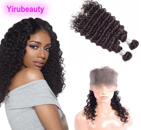 

malaysian human hair 2 bundles with 360 lace frontal deep wave curly natural color virgin hair 3 pieces one set6659974, Black;brown