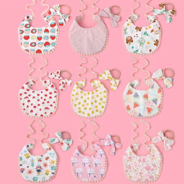 

2pcs/set baby floral print bibs with headband newborn double side lace tassel saliva towel bandana burp cloths feeding stuff mye
