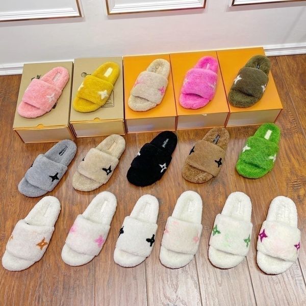 

classic designer slipper fur slides luxury sandals italy brand sandals women flip flop woolen slippers, Black