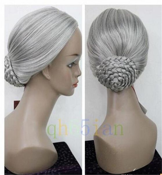 

new retro gray braid hair bun women granny party cosplay wigs5776374, Black