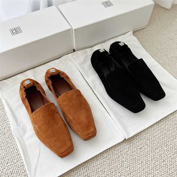 

spring and autumn new niche toteme slip-on shoe women's one-sided shoes square head leather sheep suede flat bottomed loafers