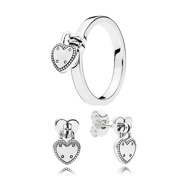 

heart shaped padlock ring and stud earrings set for pandora 925 sterling silver designer jewelry for women girlfriend gift luxury set rings