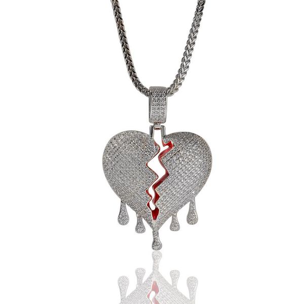 

fashion broken heart pendant necklaces full rhinestone shining boys rock rapper necklace tennis chain mens hip hop jewelry for gif336t, Silver