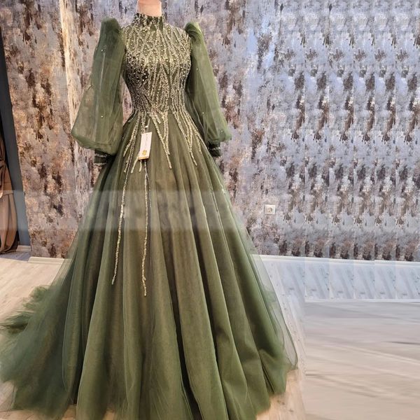 

vintage beaded muslim evening dresses sequin a line kanfan formal gown high neck long sleeve puffy middle east females vestido de noche, Black;red