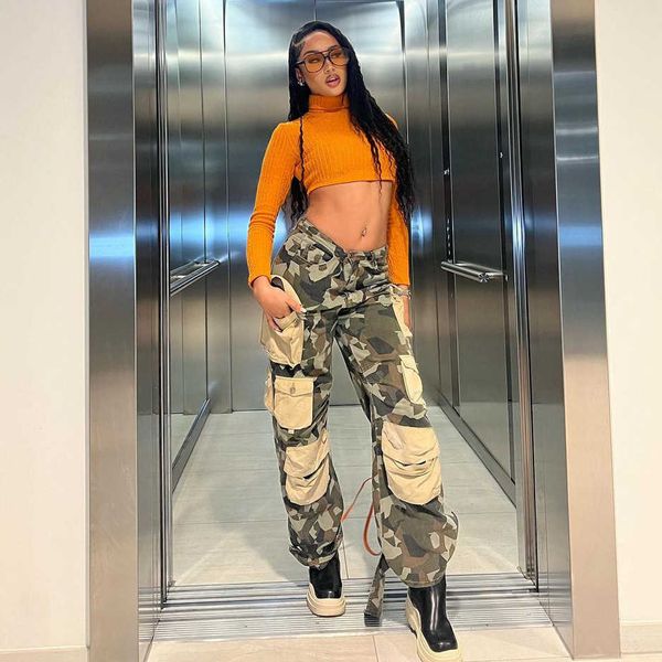 

designer women's pants in europe and the united states street style personality multi-pocket camouflage work pants summer splicing draw, Black;white