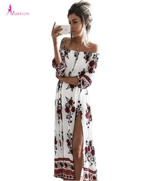 

whole summer women039s print slash neck off the shoulder bohemian beach dress casual long maxi high waist women split dres1984820, White;black