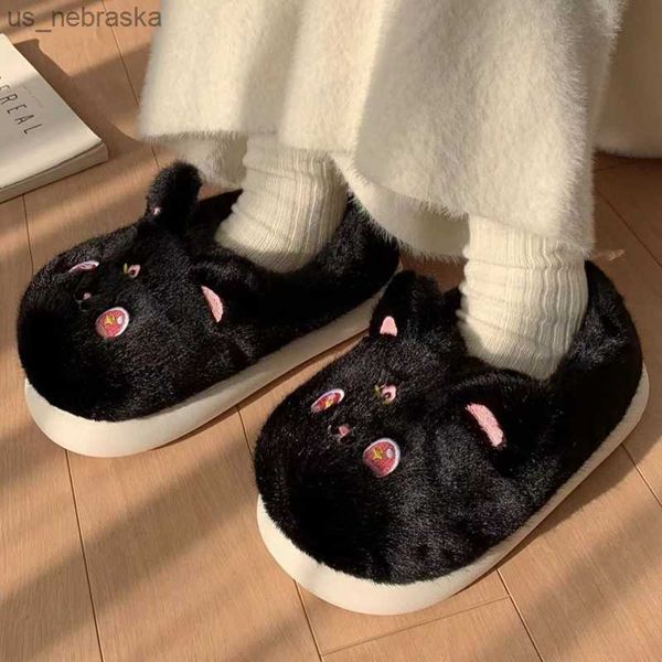 

yvvcvv cute cat slippers women fluffy furry platform slippers 2023 winter plush slides indoor fuzzy slippers kawaii cotton shoes l230518, Black;grey