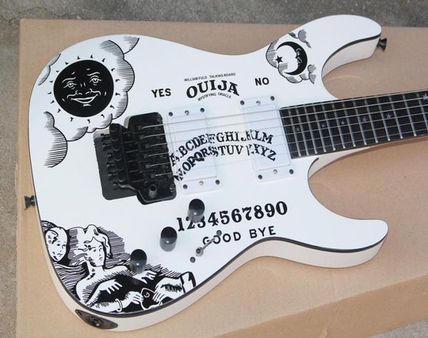 

white electric guitar with moon goddess pattern floyd rose star inlaid fingerboard black hardware precision production high q9381770
