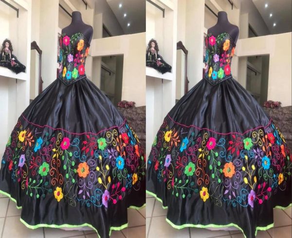 

black colorful flower embroidery charro quinceanera dresses 2022 sweetheart satin lace up back mexicano vestido de 15 xv swee7919621, Blue;red