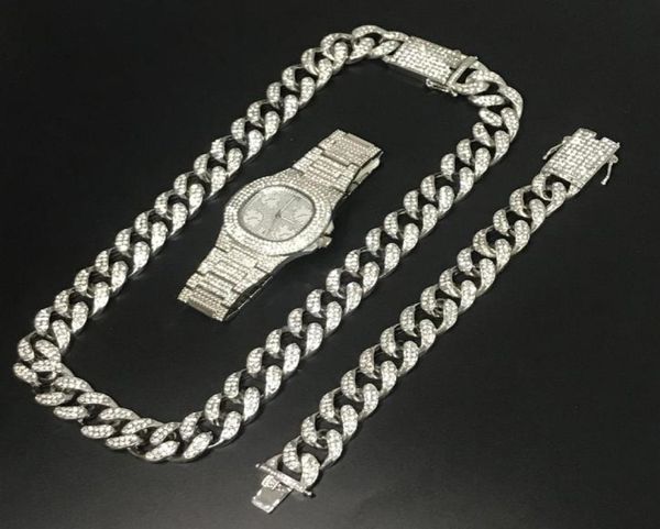 

hip hop men silver necklace crystal miami chain men watch necklace bracelet combo set ice out cuban necklace hip hop for men9052511