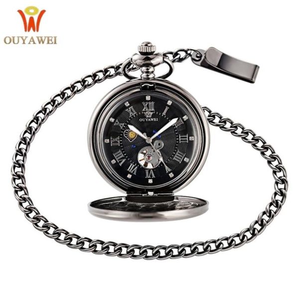 

ouyawei vintage pocket watch black case hollow dial moon phase function hand wind mechanical fob watch t2005026499299, Slivery;golden