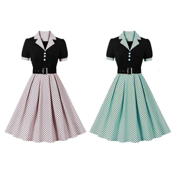 

womens fashionablepola dot lapel short sleeved waist slim fit spring and summer dress, Black;gray