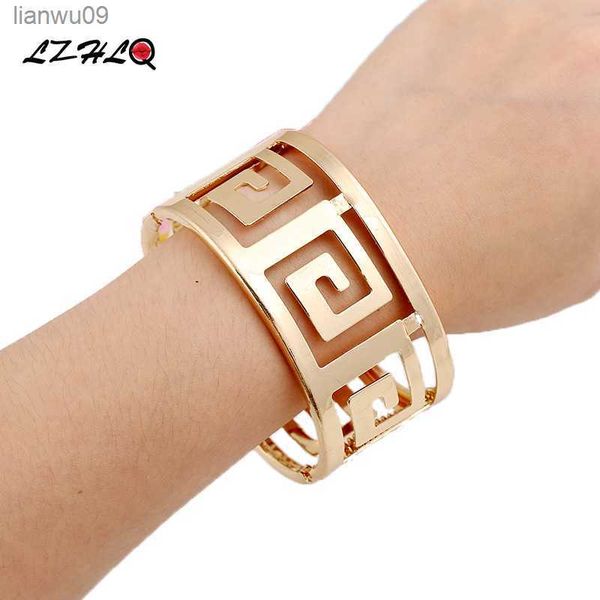 

lzhlq 2020 fashion geometric hollow wide metal bangle for women maxi punk bracelet cuff bangle famous brand jewelry accessories l230704, Black