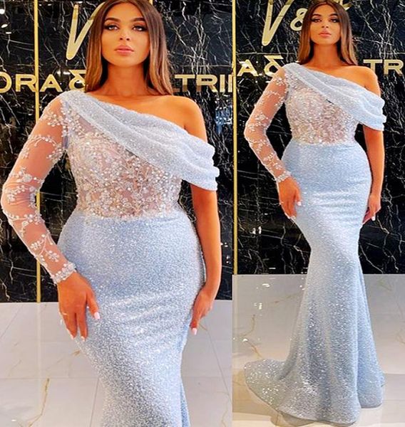

2021 plus size arabic aso ebi sequined lace beaded prom dresses one shoulder mermaid evening formal party second reception gowns d5833230, Black