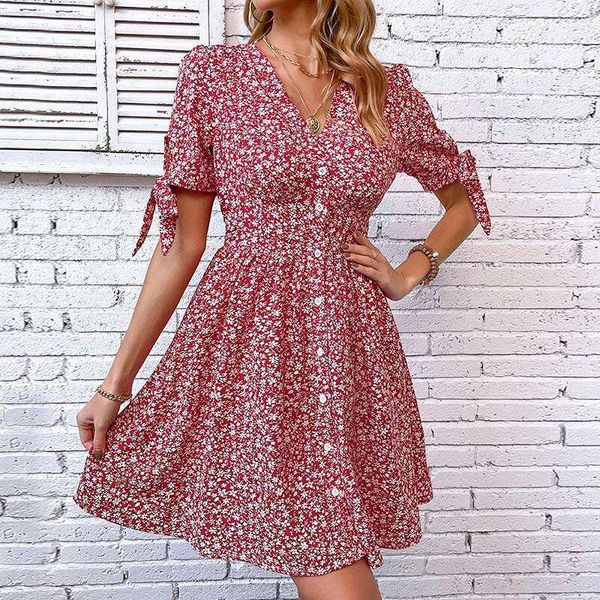 

summer womens v neck print short split dress, Black;gray