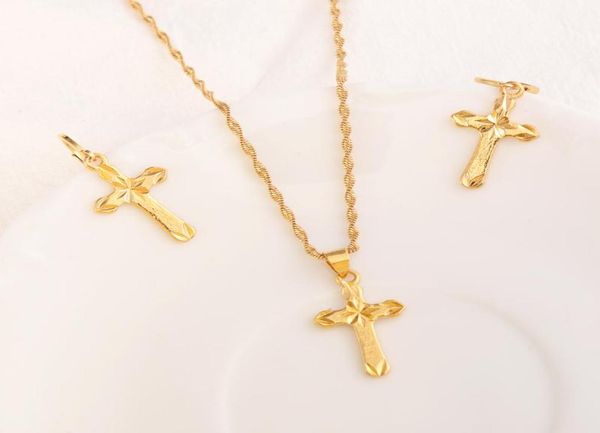 

earrings necklace 18 k yellow fine gold filled cross pendantchain set small mini tax stamp christian jewelry sets women girl jes3985840, Silver