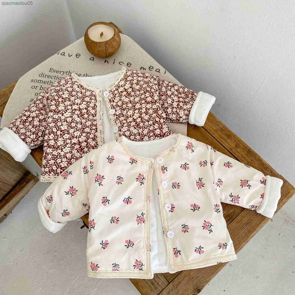 

2023 winter new baby long sleeve padded jacket fashion flower print girls warm coat thicken infant lace floral fleece jacket l230712, Blue;gray