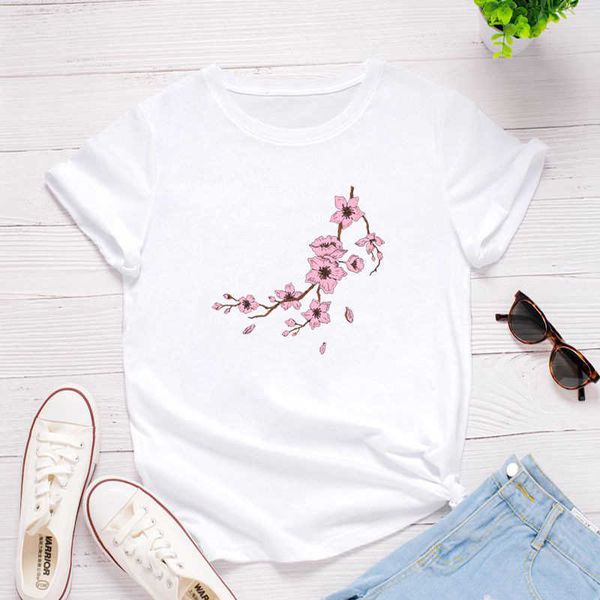 

casual large plum blossom short sleeve women's t-shirt, White