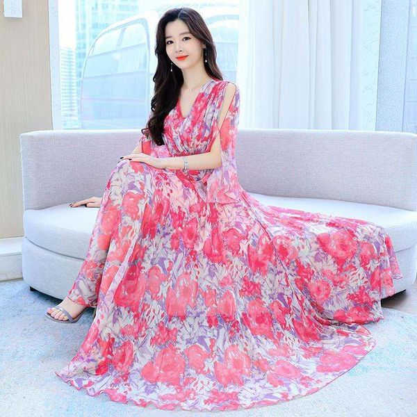 

womens summer tall chiffon floral to ankle temperament long dress, Black;gray