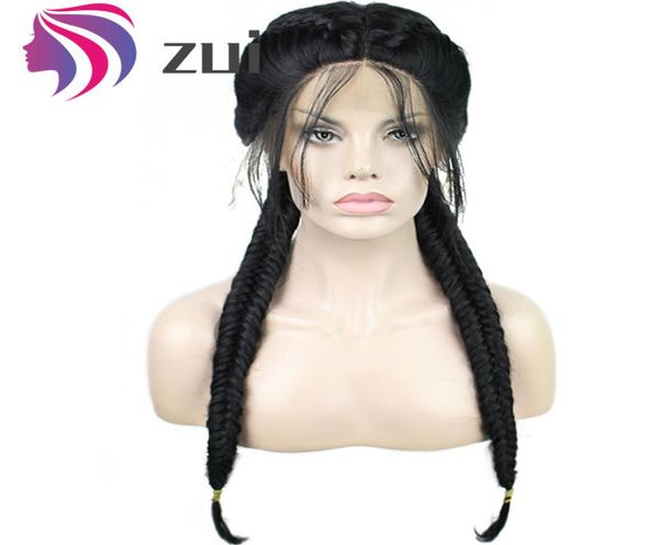 

long double braids natural black high temperature fiber middle part synthetic braided lace front wig with baby hair wigs8841920