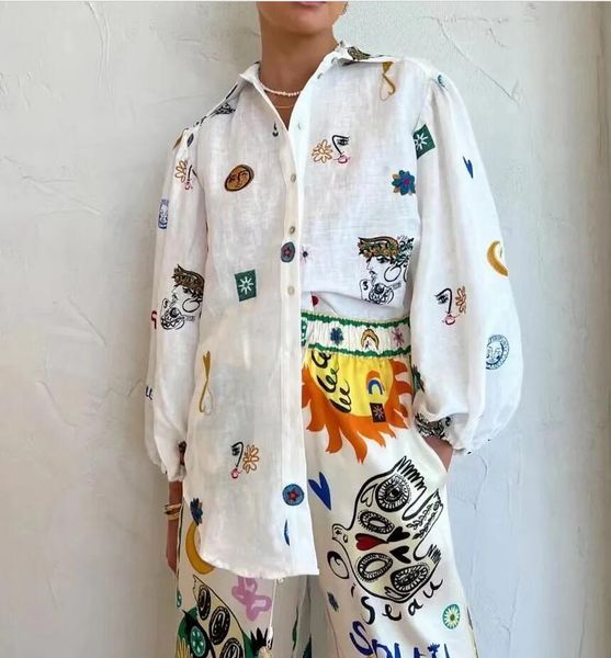 

2023 graffiti-art shirt lapel classical retro style long sleeve shirt, White