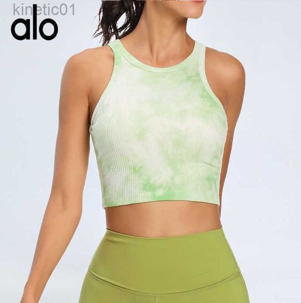 

desginer alo yoga t shirt new tie dyed printed sports fitness tank for women with chest cushion tight short training top, White