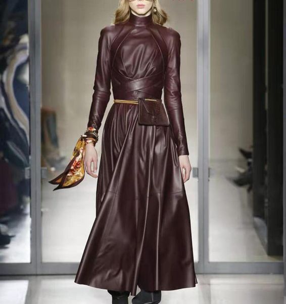 

omikron new fashion autumn runway solid women a word faux leather pu dress long sleeve high waist with sashes pleated maxi dress4853359, Black;gray