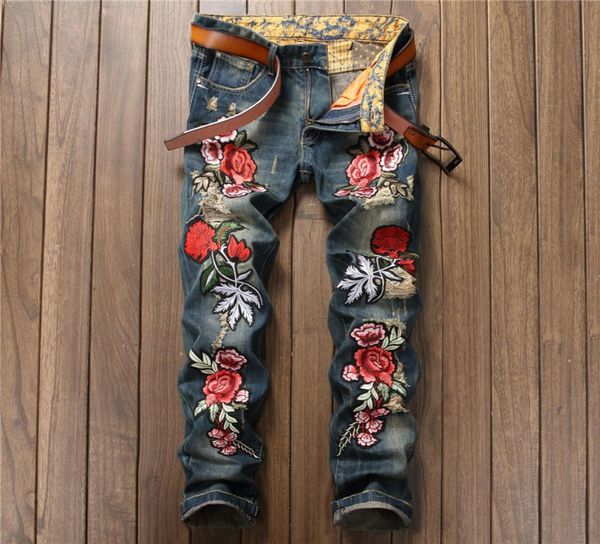 

men retro washed rose embroidery straight leg jeans slim fit blenched biker denim pants5768802, Blue