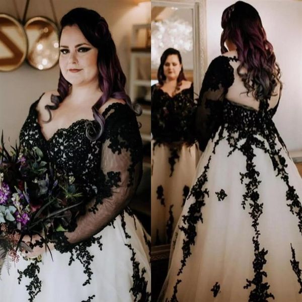 

modest elegant plus size a line wedding dress bridal gowns black appliques hollow back sweep train custom made tulle v neck formal190b, White